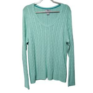 JCP Women's Plus Sz 2X Mint Green Cable Knit V Neck Sweater Merino Wool Blend